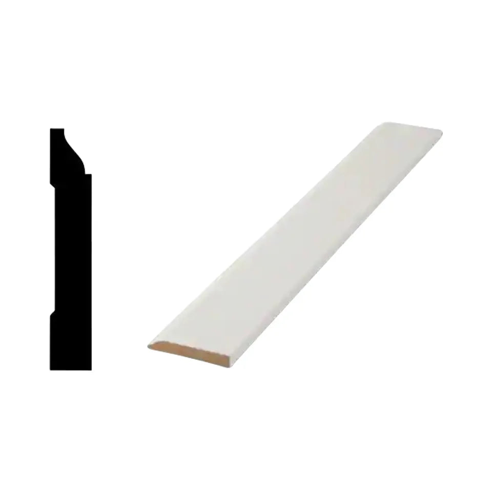 The Go Build 9/16 in. x 3-1/4 in. x 12 ft. MDF Base Moulding Pro Pack is pictured on the right, with a left-side black diagram highlighting its curved edge design. Brand: The Fastest Way To Build.